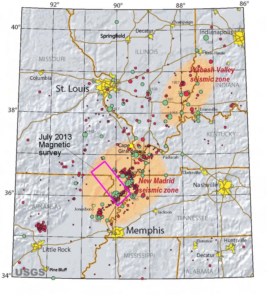 This map shows the study area within the New Madrid Seismic Zone. Low-level flights will take place over this 1800-square-mile area, which includes Blytheville, Ark., Kennett, Mo., Piggott, Ark., and Qulin, Mo., along with other parts of southeastern Missouri, northeastern Arkansas, and western Tennessee.